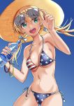  1girl :d american_flag_bikini aqua_eyes bikini blonde_hair blue_background bottle breasts flag_print hat kantai_collection long_hair open_mouth prinz_eugen_(kantai_collection) ruisento smile solo star straw_hat sunglasses sunglasses_on_head swimsuit twintails 