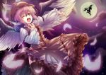  1girl animal_ears bow dress feathers full_moon hat highres moon mystia_lorelei night one_eye_closed open_mouth oubou outstretched_arm pink_hair short_hair singing smile solo touhou wings yellow_eyes 