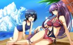  2girls all_fours arm_support black_eyes black_hair brown_hair casual_one-piece_swimsuit clouds fubuki_(kantai_collection) g_(desukingu) kantai_collection long_hair lying multiple_girls on_side one-piece_swimsuit pink_eyes ponytail school_swimsuit swimsuit umbrella yamato_(kantai_collection) 