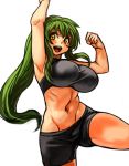  1girl :d bike_shorts breasts green_hair high_ponytail large_breasts long_hair midriff mound_of_venus navel open_mouth original payot ponytail ribs sachito simple_background smile solo sumi-chan_(sachito) white_background yellow_eyes 