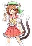  1girl animal_ears bow brown_hair cat_ears cat_tail chen commentary_request earrings fang green_hat hat ibarashiro_natou jewelry kneehighs multiple_tails nekomata open_mouth pleated_skirt red_skirt short_hair short_sleeves simple_background single_earring skirt solo tail touhou v white_background white_legwear yellow_bow 