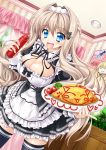  1girl :d black_legwear blonde_hair blue_eyes breasts brown_hair cat_hair_ornament cleavage curtains dress food hair_intakes hair_ornament hairclip highres kamiya_tomoe maid maid_headdress omurice open_mouth original plae poster_(object) smile squeeze_bottle thigh-highs window 