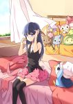  1girl bed black_hair blue_eyes curtains hairclip_removed hat hat_removed headwear_removed highres hikari_(pokemon) long_hair pillow piplup pokemon pokemon_(creature) scarf scarf_removed shirt sitting skirt sleeveless sleeveless_shirt smile stuffed_toy thigh-highs transistor window zettai_ryouiki 
