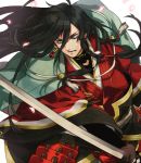  1boy black_hair blue_eyes chanko_neru izumi-no-kami_kanesada japanese_clothes katana long_hair solo sword touken_ranbu weapon 