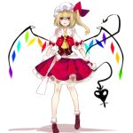  1girl ascot blonde_hair bow flandre_scarlet hat hat_bow laevatein mob_cap open_mouth puffy_short_sleeves puffy_sleeves red_eyes renkarua sash shirt short_sleeves side_ponytail skirt skirt_set smile solo touhou vest wings wrist_cuffs 