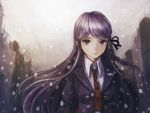  1girl braid dangan_ronpa dangan_ronpa_1 highres jacket kirigiri_kyouko long_hair looking_at_viewer necktie purple_hair shibusawa_piyo side_braid skirt snow solo violet_eyes 