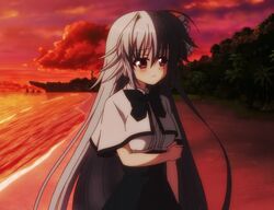  beach iris_freyja juuoumujin_no_fafnir long_hair school_uniform screencap silver_hair sunset violet_eyes 