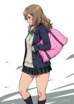  1girl bag blazer brown_hair grin joy_ride kneehighs long_hair original skirt sleeves_past_wrists smile solo standing sweater 