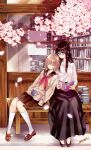  2girls bench black_hair blonde_hair book bookstore cardigan closed_eyes glasses himawari-san himawari-san_(character) kazamatsuri_matsuri kneehighs long_hair long_skirt multiple_girls petals school_uniform serafuku shop short_hair sitting skirt sleeping sleeping_on_person smile sugano_manami 