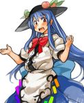  1girl :d blue_hair blush bow dress food frills fruit hat hinanawi_tenshi leaf long_hair open_mouth peach puffy_short_sleeves puffy_sleeves red_bow red_eyes sachito short_sleeves simple_background smile solo touhou white_background 