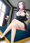  1girl bangs breasts crossed_legs indoors kantai_collection miniskirt open_mouth parted_bangs purple_hair school_uniform short_hair sitting_on_desk skirt tatsuta_(kantai_collection) thighs tsuchifumazu violet_eyes 