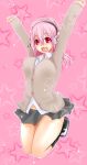  1girl blush bouncing_breasts breasts headphones jumping large_breasts long_hair looking_at_viewer merryhachi navel nitroplus open_mouth pink_eyes pink_hair smile solo super_sonico 