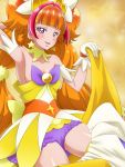  1girl amanogawa_kirara arm_up armpits bare_shoulders brown_hair choker cure_twinkle earrings female gloves go!_princess_precure highres jewelry long_hair looking_at_viewer magical_girl mameshiba multicolored_hair open_mouth precure redhead skirt skirt_removed smile solo star star_earrings streaked_hair twintails two-tone_hair very_long_hair violet_eyes 