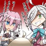  3girls :d ahoge asashimo_(kantai_collection) blue_eyes comic gloves green_eyes grin horns kantai_collection kasaneko long_hair machinery multiple_girls northern_ocean_hime open_mouth ponytail purple_hair school_uniform shinkaisei-kan shiranui_(kantai_collection) silver_hair smile translation_request trembling turret white_gloves 