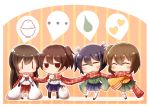  4girls :3 ^_^ akagi_(kantai_collection) bag bangs black_legwear blue_skirt brown_hair chewing chibi closed_eyes eating food gasuto_(kamikami) green_skirt heart hiryuu_(kantai_collection) japanese_clothes kaga_(kantai_collection) kantai_collection kimono long_hair long_sleeves multicolored_background multiple_girls nikuman pleated_skirt ponytail red_skirt rice rice_bowl scarf scarf_over_mouth shopping_bag short_hair side_ponytail simple_background skirt solid_oval_eyes souryuu_(kantai_collection) thigh-highs thought_bubble white_legwear 