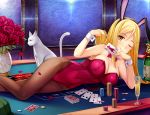  1girl adjusting_hair animal_ears blonde_hair blush bottle bowtie breasts bunnysuit card cat cleavage detached_collar female fishnet_pantyhose fishnets flower glass higurashi_no_naku_koro_ni large_breasts long_hair looking_at_viewer lying on_side one_eye_closed pantyhose playing_card poker_chips poker_table rabbit_ears rose smile solo takano_miyo vase wrist_cuffs yellow_eyes yokaze_japan 