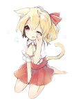  1girl animal_ears ascot between_legs blonde_hair blush cat_ears cat_tail flandre_scarlet hair_ribbon hand_between_legs kemonomimi_mode looking_at_viewer no_hat one_eye_closed open_mouth puffy_short_sleeves puffy_sleeves red_eyes ribbon short_hair short_sleeves side_ponytail simple_background sitting sketch skirt skirt_set solo tail teco_uk touhou wariza white_background 