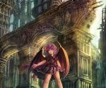  1girl aka_rokusho arch architecture backlighting bat_wings bow brooch commentary_request frilled_skirt frills hat hat_bow jewelry legs mob_cap no_legwear open_hand open_mouth outstretched_arm pink_eyes puffy_short_sleeves puffy_sleeves purple_shirt purple_skirt remilia_scarlet scenery short_sleeves skirt smile solo sunlight tagme thighs touhou wind wings 