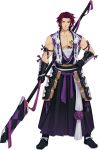  1boy hakama hand_on_hip japanese_clothes male_focus muscle official_art polearm pom_pom_(clothes) red_eyes redhead sarashi smile spear tonbokiri_(touken_ranbu) touken_ranbu weapon 