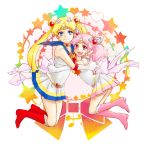  2girls :d bishoujo_senshi_sailor_moon blonde_hair blue_eyes boots bow chibi_usa choker circle double_bun elbow_gloves full_body gloves hair_ornament hairclip hasakichi hug knee_boots long_hair looking_at_viewer multicolored_skirt multiple_girls musical_note open_mouth pink_boots pink_eyes pink_hair pleated_skirt red_boots sailor_chibi_moon sailor_moon skirt smile star super_sailor_chibi_moon super_sailor_moon tsukino_usagi twintails white_gloves 