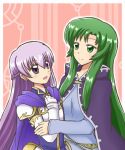  2girls :d armor armored_dress belly_chain blue_dress breastplate cape cecilia_(fire_emblem) cloak cosplay costume_switch dress elbow_gloves fire_emblem fire_emblem:_fuuin_no_tsurugi gloves green_eyes green_hair long_hair looking_at_another looking_up multiple_girls open_mouth pink_background purple_hair reverse_(bluefencer) smile sofiya violet_eyes 