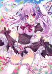  1girl animal_ears apron blueberry breasts dress dress_lift food frilled_legwear fruit highres long_hair maid maid_apron maid_headdress original purple_hair rabbit rabbit_ears raspberry ringonotane skirt_basket thigh-highs violet_eyes white_legwear 