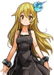  1girl bare_shoulders black_dress blonde_hair blush character_request collarbone copyright_request dress hair_ornament long_hair looking_at_viewer sachito simple_background smile solo white_background yellow_eyes 