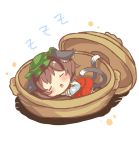  1girl animal_ears brown_hair cat_ears cat_tail chen chibi closed_eyes dress earrings green_hat hat ibarashiro_natou jewelry long_sleeves multiple_tails nekomata open_mouth red_dress simple_background single_earring sleeping solo tail touhou two_tails white_background zzz 