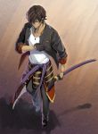  1boy black_hair dark_skin gloves highres katana kusazuri ookami_ryousuke ookurikara sheath sheathed solo sword tattoo touken_ranbu weapon yellow_eyes 