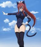  animal_ears black_eyes boots breasts cat_ears cat_tail clouds erza_scarlet fairy_tail highres large_breasts long_hair redhead screencap sky tail thigh-highs thigh_boots 