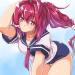  1girl ahoge bent_over blush dd_(ijigendd) hand_on_head i-168_(kantai_collection) kantai_collection long_hair one-piece_swimsuit ponytail red_eyes redhead school_swimsuit school_uniform serafuku short_sleeves solo swimsuit swimsuit_under_clothes 