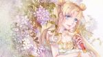  +1_(yakusoku0722) 1girl artist_name bare_shoulders bishoujo_senshi_sailor_moon blonde_hair blue_eyes bracelet crescent crystal detached_sleeves earrings eyelashes facial_mark flower forehead_mark hair_ornament hairclip holding hydrangea jewelry leaf light_smile lipstick long_hair looking_at_viewer makeup moon_stick pearl pink_lips princess_serenity short_sleeves signature solo tsukino_usagi twintails wand 