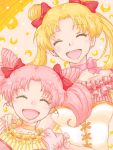  2girls asayoru_hiru_(manmaruboo) bishoujo_senshi_sailor_moon bow chibi_usa choker closed_eyes corset crescent double_bun frills hair_bow laughing multiple_girls open_mouth red_bow ribbon_choker tegaki tsukino_usagi twintails 