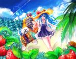  1girl blue_eyes blue_hair blue_sky blurry clouds depth_of_field dew_drop dress food forest frilled_dress frills fruit jacket lens_flare mcdroid mountain nature palm_tree plant pointing robot signature sky strawberry sutiko tree water_drop 