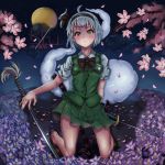  1girl blush bow flower green_eyes hairband katana kneeling konpaku_youmu looking_at_viewer nana_(chenning717) parted_lips petals pleated_skirt shoes short_hair short_sleeves silver_hair skirt solo sword touhou weapon 