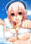  1girl bikini blush breasts cleavage headphones large_breasts long_hair looking_at_viewer merryhachi navel nitroplus o-ring_top open_mouth pink_eyes pink_hair smile solo super_sonico swimsuit 
