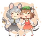  2girls :3 animal_ears basket bow brown_hair capelet cat_ears cat_tail chen chibi closed_eyes commentary_request dress earrings fang gem green_hat grey_dress grey_hair hat holding_hands ibarashiro_natou jewelry long_sleeves mob_cap mouse mouse_ears mouse_tail multiple_girls multiple_tails nazrin necklace nekomata open_mouth pendant red_dress short_hair simple_background single_earring smile socks tail touhou two_tails yellow_bow 
