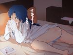  1girl arm_support ass blue_hair blush bra brown_eyes clothes_sniffing dress_shirt idolmaster kisaragi_chihaya lying no_pants on_bed on_side open_drawer panties photo_(object) pillow shirt solo translated underwear wannai_kuichi 