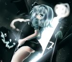  1girl bow green_eyes hair_bow hitodama katana konpaku_youmu konpaku_youmu_(ghost) moura_(kenyuugetu) silver_hair solo sword touhou undersized_clothes weapon 