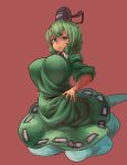  1girl breasts chanta_(ayatakaoisii) dress ghost_tail green_dress green_eyes green_hair hat highres japanese_clothes large_breasts looking_at_viewer multiple_tails short_hair simple_background soga_no_tojiko solo tail tate_eboshi touhou 