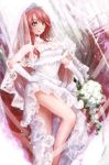  1girl aqua_eyes bare_arms bare_legs bouquet braid breasts bridal_veil cleavage_cutout dress elbow_gloves flower gloves hand_on_hip highres hong_meiling hoshibuchi large_breasts long_hair redhead revision side_slit sleeveless sleeveless_dress solo tiara touhou twin_braids veil very_long_hair wedding_dress white_gloves 