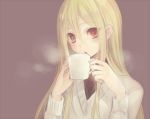  1boy afuro_terumi androgynous blonde_hair blush cup hinaame inazuma_eleven inazuma_eleven_(series) long_hair male_focus mug red_eyes solo steam sweater trap 