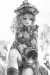  1girl :d artist_name boots bust dress facing_viewer frilled_dress frills hat hat_ornament highres holding instrument looking_away merlin_prismriver monochrome nagayo one_leg_raised open_mouth pose revision signature sitting smile solo touhou trumpet vest wavy_hair 