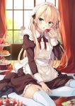  1girl apron blonde_hair blush cake curtains earrings food fruit garter_straps green_eyes highres jewelry long_hair long_sleeves looking_at_viewer maid maid_headdress mary_janes open_mouth original shoes sitting solo strawberry thigh-highs toosaka_asagi wariza white_legwear window 