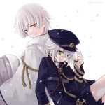  2boys cape green_eyes hand_on_headwear hat hotarumaru kobayashi_kabura long_sleeves lowres military military_uniform multiple_boys petals pom_pom_(clothes) short_hair shorts simple_background smile sode touken_ranbu tsurumaru_kuninaga twitter_username uniform white_background white_hair yellow_eyes 