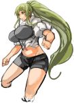  1girl bike_shorts breasts green_hair high_ponytail highres large_breasts long_hair mound_of_venus navel original parted_lips payot ponytail sachito simple_background solo sumi-chan_(sachito) very_long_hair white_background yellow_eyes 