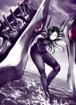  1girl black_hair black_pants kantai_collection kz_nagomiya leg_up long_hair pants ru-class_battleship shinkaisei-kan shoulder_pads solo turret walking walking_on_water water white_eyes white_skin 