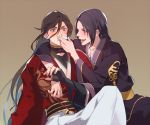  2boys black_hair brown_hair izumi-no-kami_kanesada japanese_clothes long_hair multiple_boys naked_cat purple_hair sakazuki tarou_tachi touken_ranbu 