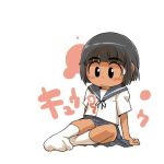  1girl black_eyes black_hair chibi eyebrows ez6 lowres original school_uniform serafuku short_hair sitting skirt socks solo sweatdrop tan 