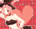  &gt;;) 1girl animal_ears bangs bare_shoulders choker extra_ears full_moon_wo_sagashite hat hat_ribbon heart maguwa_(sklptr) meroko_yui one_eye_closed parted_bangs pink_hair plaid plaid_background rabbit_ears red_background red_eyes red_ribbon ribbon solo top_hat 